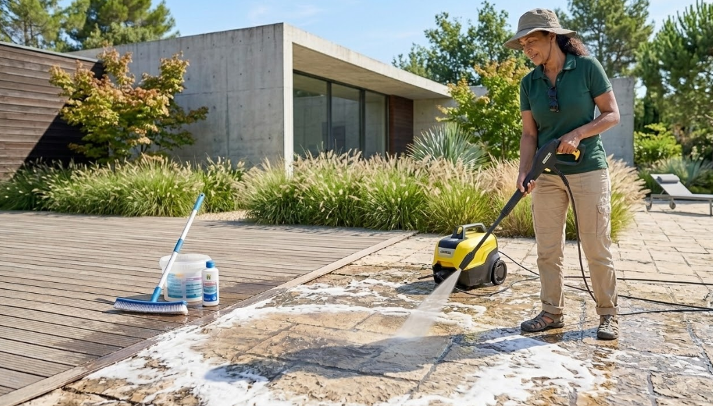 Nettoyage de terrasse avec jet haute pression sur dalles en béton