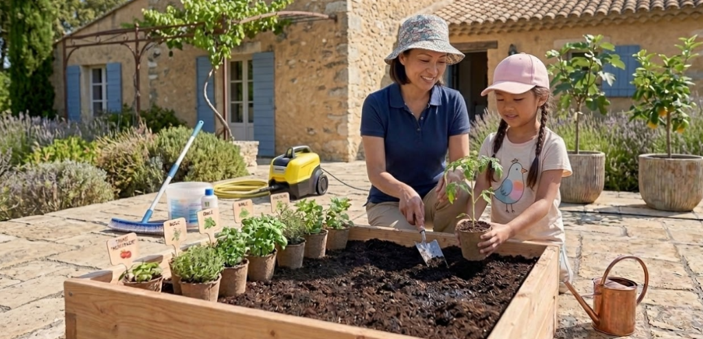 Potager débutant avec rangs de légumes et herbes aromatiques dans un jardin ensoleillé