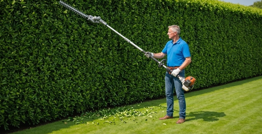 Taille de haie au sécateur dans un jardin avec une haie verte bien entretenue